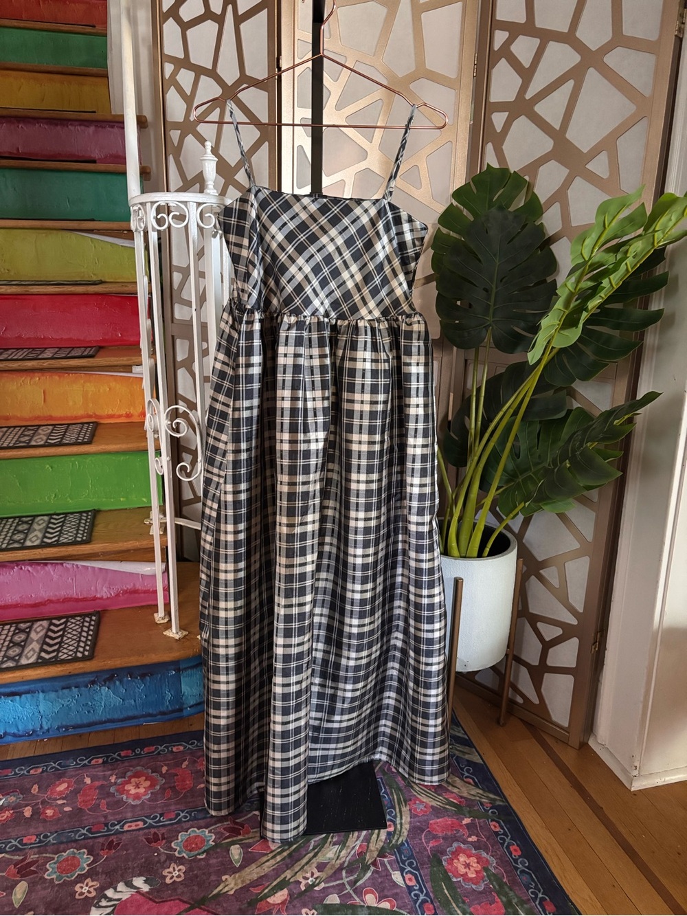 Dream Sister Jane Plaid Midi Dress M Black White Babydoll Cottagecore
